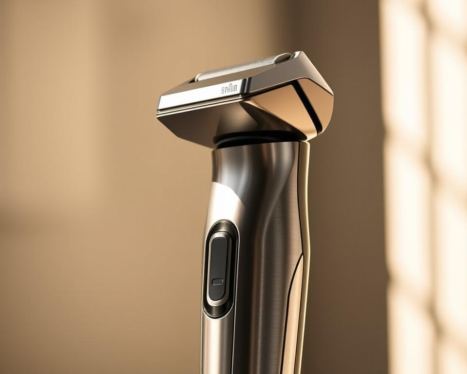 A sleek and sophisticated Braun Series 9 PRO+ electric shaver, gleaming under soft, natural lighting. The brushed metal body reflects the warm hues of a sun-dappled morning, while the precision-engineered foils and trimmers hint at the high-performance grooming experience within. Captured at a 3/4 angle, the shaver appears poised and ready, a sophisticated tool for the discerning morning routine. The scene exudes a sense of calm, focused efficiency - a premium grooming essential for the modern man's daily ritual.