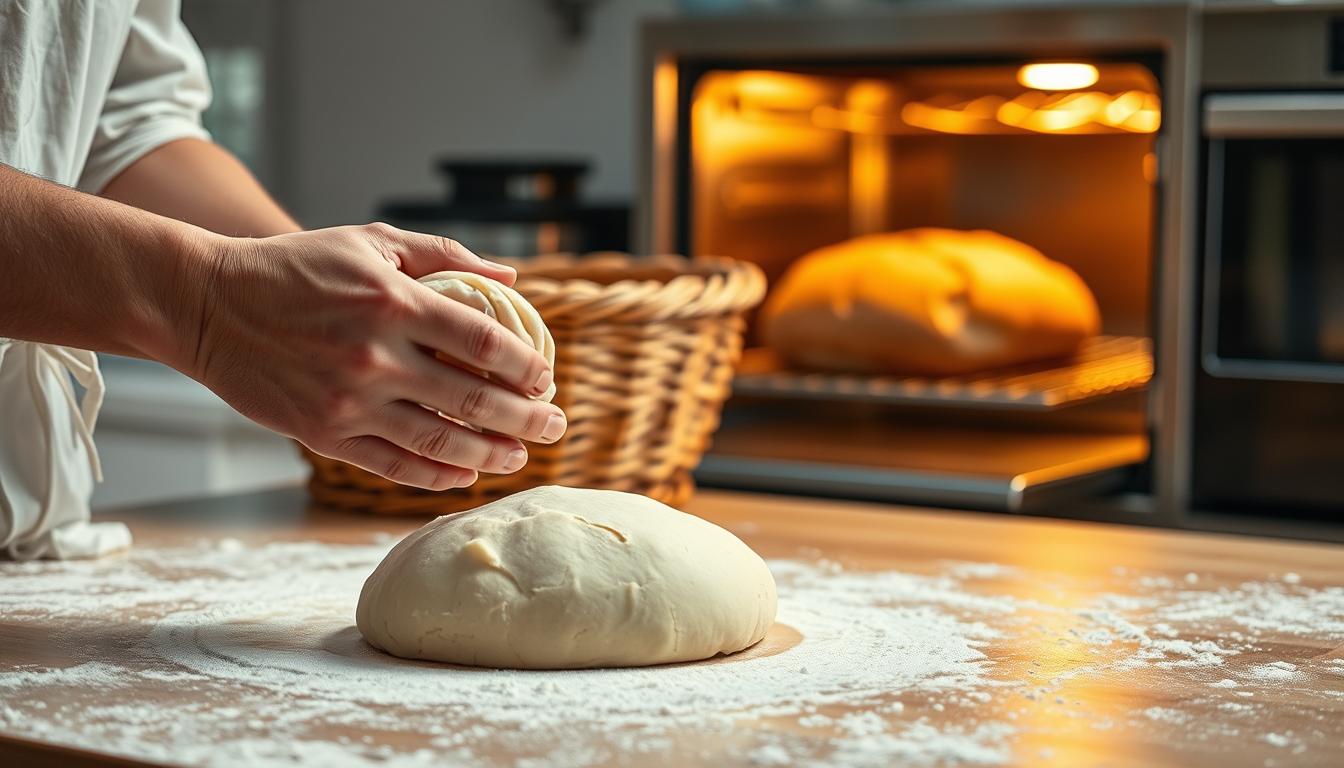 A well-lit kitchen counter, the surface dusted with flour, showcasing the artful process of sourdough bread baking. In the foreground, a baker's hands carefully shaping the dough, kneading and folding with precision. The middle ground features a wooden bread proofing basket, its woven texture contrasting with the smooth, risen dough. In the background, a professional-grade oven, its door ajar, revealing the golden-brown crust of a freshly baked loaf. Soft, natural lighting casts a warm glow over the scene, capturing the care and attention to detail that goes into crafting the perfect sourdough sandwich bread.