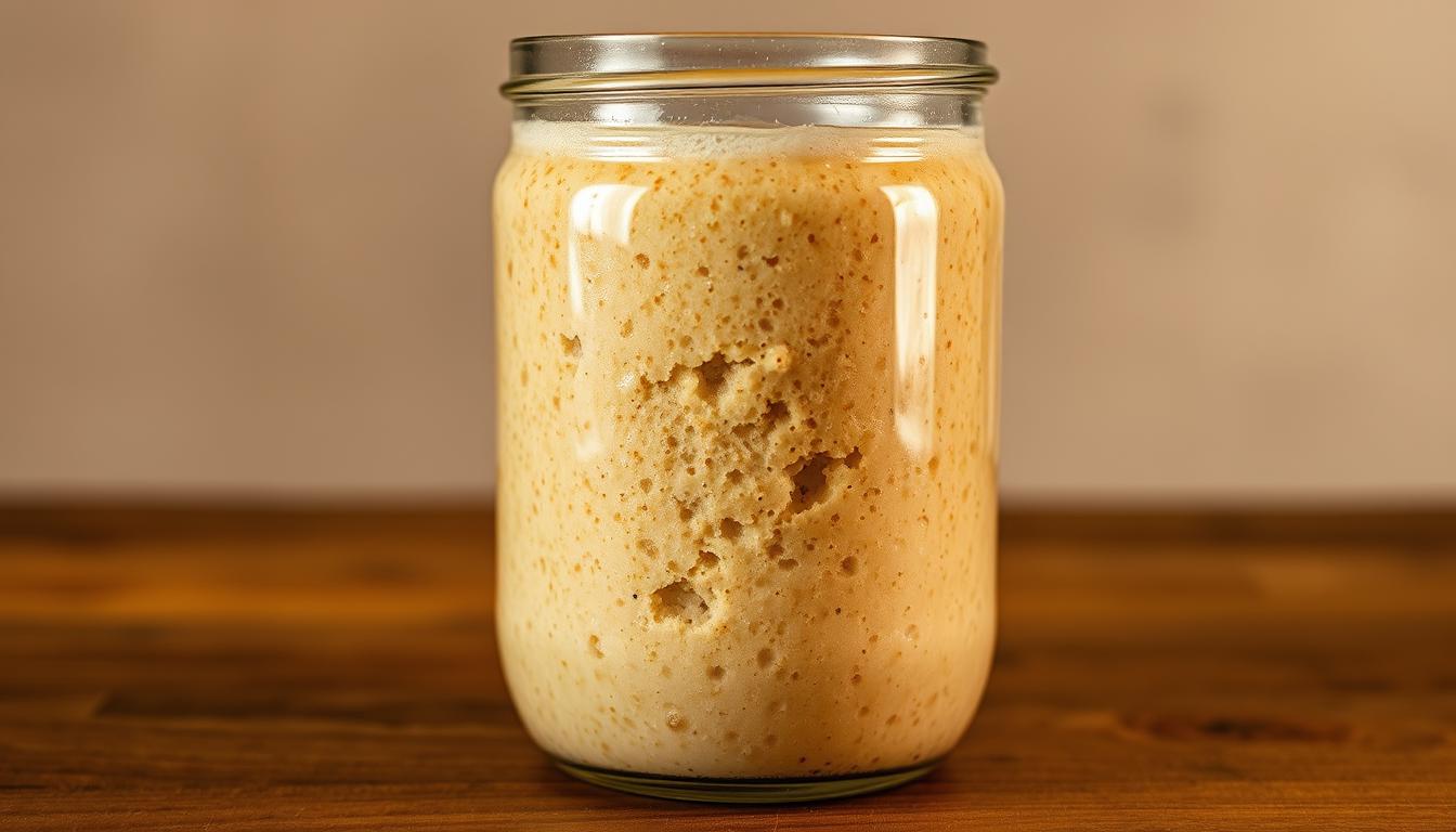 A close-up shot of a glass jar filled with a bubbly, golden-brown sourdough starter. The jar sits on a wooden table, with a neutral background that allows the fermentation process to take center stage. Warm, soft lighting illuminates the active yeast, creating a captivating visual representation of the bulk fermentation stage. The scene conveys a sense of patience, care, and the natural progression of the sourdough-making journey. Captured from a slight angle, the image showcases the dynamic, living nature of the starter, ready to be incorporated into the next stage of the bread-making process.