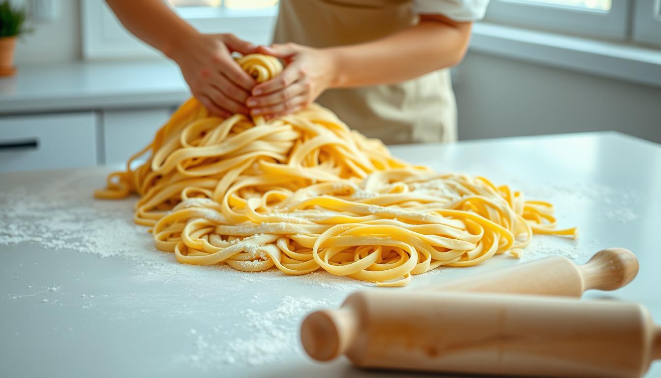 Fresh fettuccine pasta dough preparation