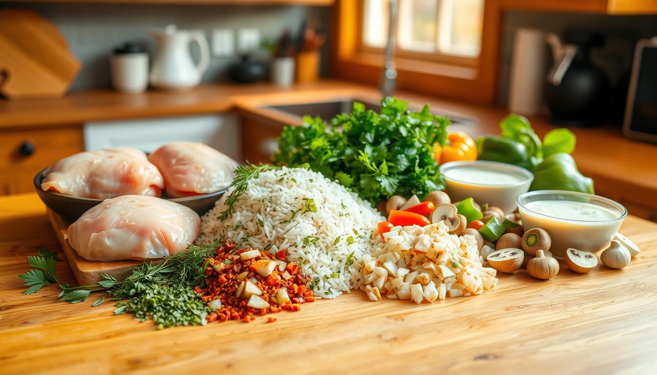 preparing ingredients for creamy smothered chicken and rice