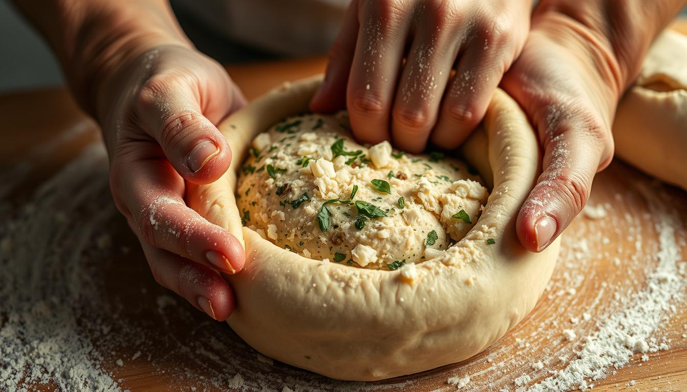 kneading italian herbs and cheese bread dough