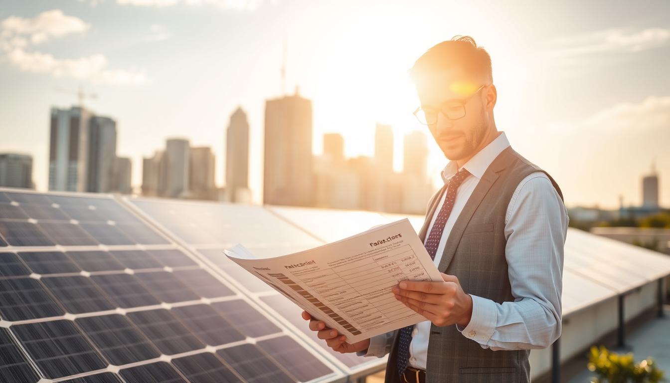 solar battery systems financial benefits: A clean, modern solar panel array set against a backdrop of urban skyscrapers, with a foreground of a businessman reviewing financial documents related to the cost savings and return on investment of a residential solar battery system. The scene is bathed in warm, golden sunlight, conveying a sense of prosperity and sustainability. The image should highlight the practical and financial advantages of incorporating solar battery storage into a home or business, making it an attractive and lucrative renewable energy solution.