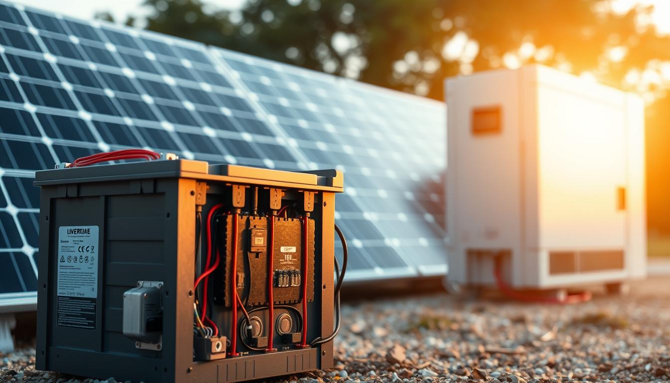 A detailed cross-section of a solar battery system, showcasing its core components. In the foreground, a sleek lithium-ion battery pack with intricate wiring and cooling systems. In the middle ground, a high-efficiency solar panel array, its panels angled to capture maximum sunlight. In the background, a sophisticated inverter unit, converting the solar energy into usable electricity. The scene is illuminated by a warm, golden light, creating a sense of technological sophistication and renewable energy potential. The overall composition emphasizes the harmony and integration of these essential solar battery system elements.