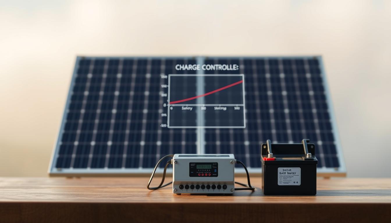 A solar battery system sizing diagram featuring a clean, minimalist design. In the foreground, a schematic layout of solar panels, batteries, and a charge controller, with clear labels and interconnections. In the middle ground, a graph or chart displaying the relationship between solar panel capacity, battery size, and energy storage. The background depicts a soft, hazy gradient, evoking a sense of renewable energy and sustainability. The lighting is natural and diffused, creating a warm, inviting atmosphere. The camera angle is slightly elevated, providing a comprehensive view of the system components and their sizing considerations.