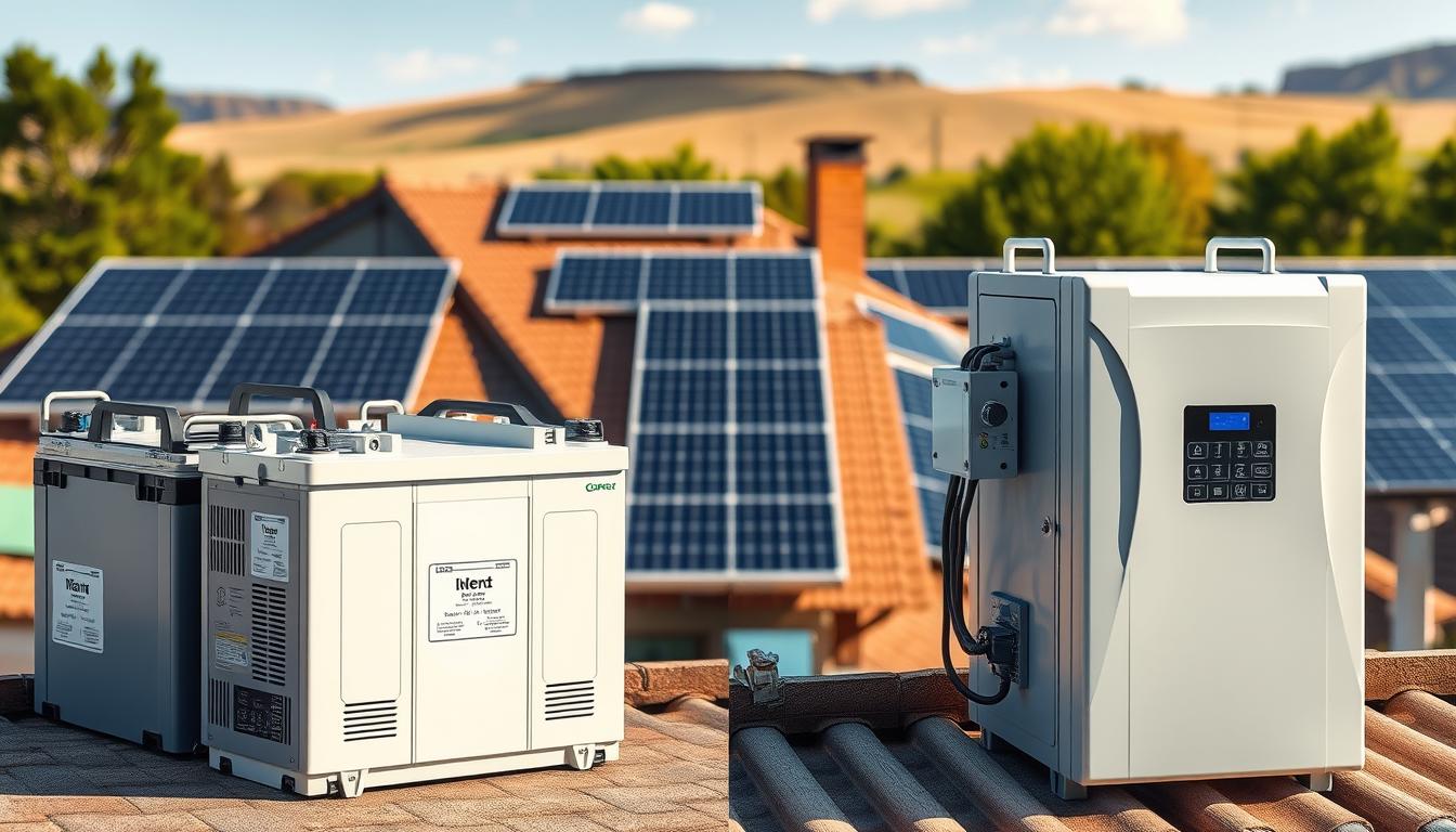 A side-by-side comparison of a grid-tied solar battery system and an off-grid solar battery system. In the foreground, meticulously detailed batteries, charge controllers, and inverters are showcased, highlighting their technical specifications and capabilities. In the middle ground, the systems are depicted in a real-world residential setting, surrounded by solar panels on the rooftop, capturing the integration and functionality. The background features a serene, sun-drenched landscape, conveying the renewable and sustainable nature of these energy solutions. Crisp, high-resolution rendering with natural lighting and a warm, inviting color palette to emphasize the efficiency and reliability of these solar battery systems.