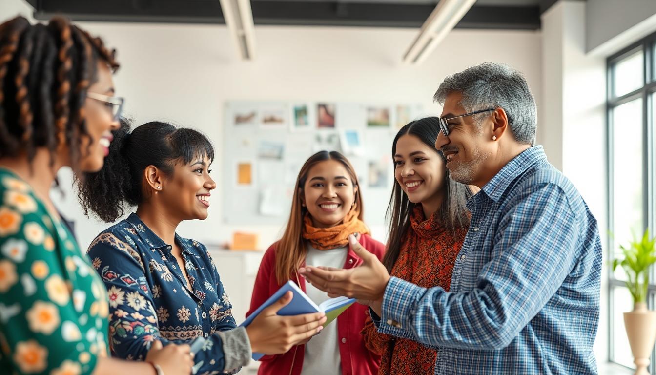 Diverse students and educators collaborating across language barriers with AI translation assistance