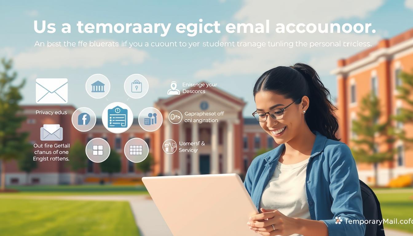 A vibrant and informative illustration showcasing the benefits of using a temporary educational email account from TemporaryMail.info. In the foreground, a smiling student interacts with a sleek, modern laptop, highlighting the convenience and accessibility of the service. The middle ground features a collage of icons representing key advantages such as privacy, security, and ease of use. In the background, a stylized university campus backdrop sets the educational context, with clean lines, warm lighting, and a sense of academic rigor. The overall composition conveys the value proposition of a temporary email solution tailored for students, empowering them to manage their online presence and protect their personal information during their academic journey.