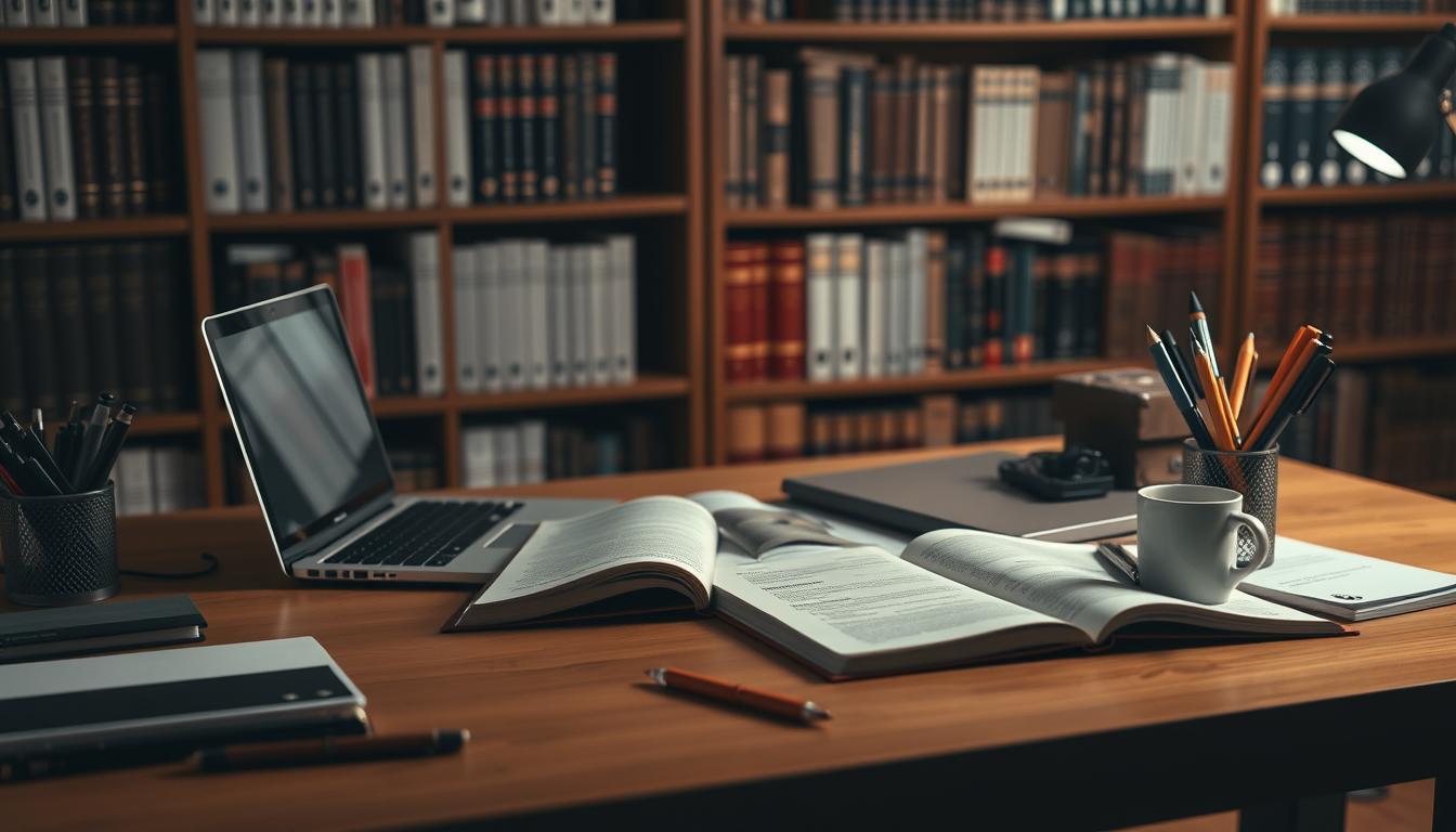 A serene study space with a wooden desk, a laptop, and various stationery items. Soft indirect lighting illuminates the scene, creating a warm and focused atmosphere. On the desk, there are open textbooks, highlighted notes, and a cup of coffee, suggesting diligent preparation. In the background, a bookshelf filled with relevant engineering and technical manuals adds a sense of depth and academic rigor. The overall composition conveys a sense of dedicated study and strategic planning for the GSECL examination.