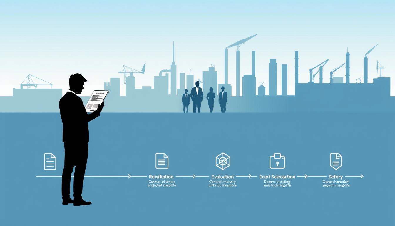 A detailed and professional illustration of the GSECL recruitment process. A modern, minimalist composition with clean lines and geometric shapes. In the foreground, a silhouette of a person submitting documents, with a stylized recruitment form and icons representing the various stages of the process. The middle ground features a group of people in formal attire, representing the evaluation and selection stages. In the background, a cityscape with industrial buildings, symbolizing the GSECL organization. The lighting is soft and directional, creating depth and emphasizing the key elements. The overall mood is one of professionalism, efficiency, and the systematic nature of the GSECL recruitment procedure.
