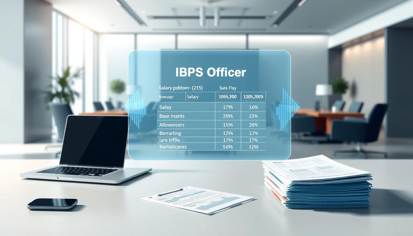 A meticulously detailed illustration of the IBPS Hindi Officer salary package, showcased against a backdrop of a modern office interior. The foreground features a sleek, minimalist desk with a laptop, smartphone, and a stack of financial documents, all positioned to draw the viewer's attention to the key salary information. The middle ground displays a holographic projection of the salary breakdown, with crisp, legible data visualizations highlighting the various components like base pay, allowances, and benefits. The background depicts a sophisticated, well-lit office space with floor-to-ceiling windows, contemporary furnishings, and a subtle color palette of grays and blues, creating a professional, authoritative atmosphere. The overall composition conveys a sense of precision, transparency, and the impressive financial opportunities available to IBPS Hindi Officers.