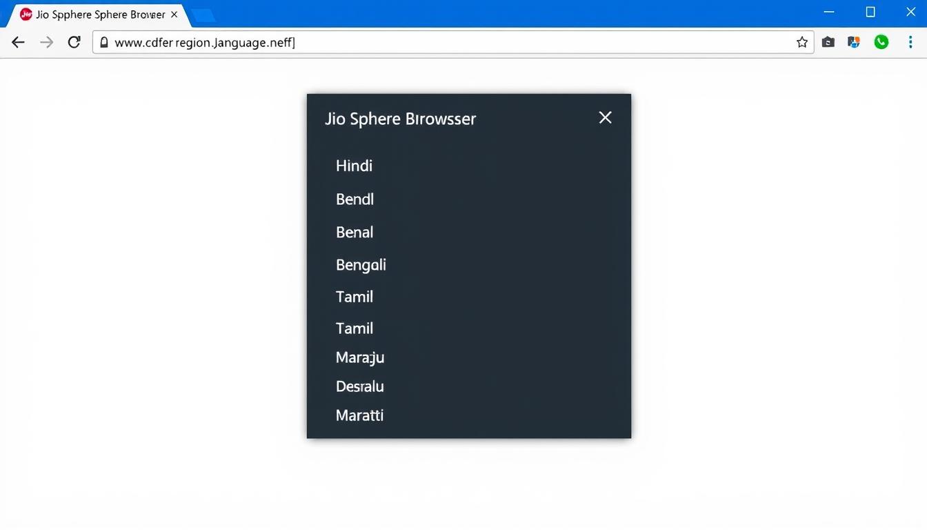 JioSphere Browser interface showing multiple Indian language options including Hindi, Bengali, Tamil and other vernacular languages