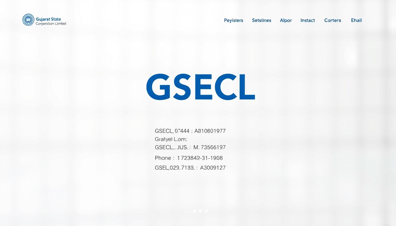 A professional, minimalist website design showcasing the contact details of GSECL (Gujarat State Electricity Corporation Limited). The layout features a clean, neutral color palette with crisp typography. In the foreground, a prominent GSECL logo stands out, positioned centrally. The middle ground displays the key contact information, including the company's address, phone numbers, and email. The background has a subtle, blurred grid-like pattern, lending a sense of structure and organization. The overall tone is one of efficiency, reliability, and accessibility, capturing the essence of GSECL's services. The image should be captured with a wide-angle lens, allowing for a balanced, symmetrical composition that emphasizes the key details.
