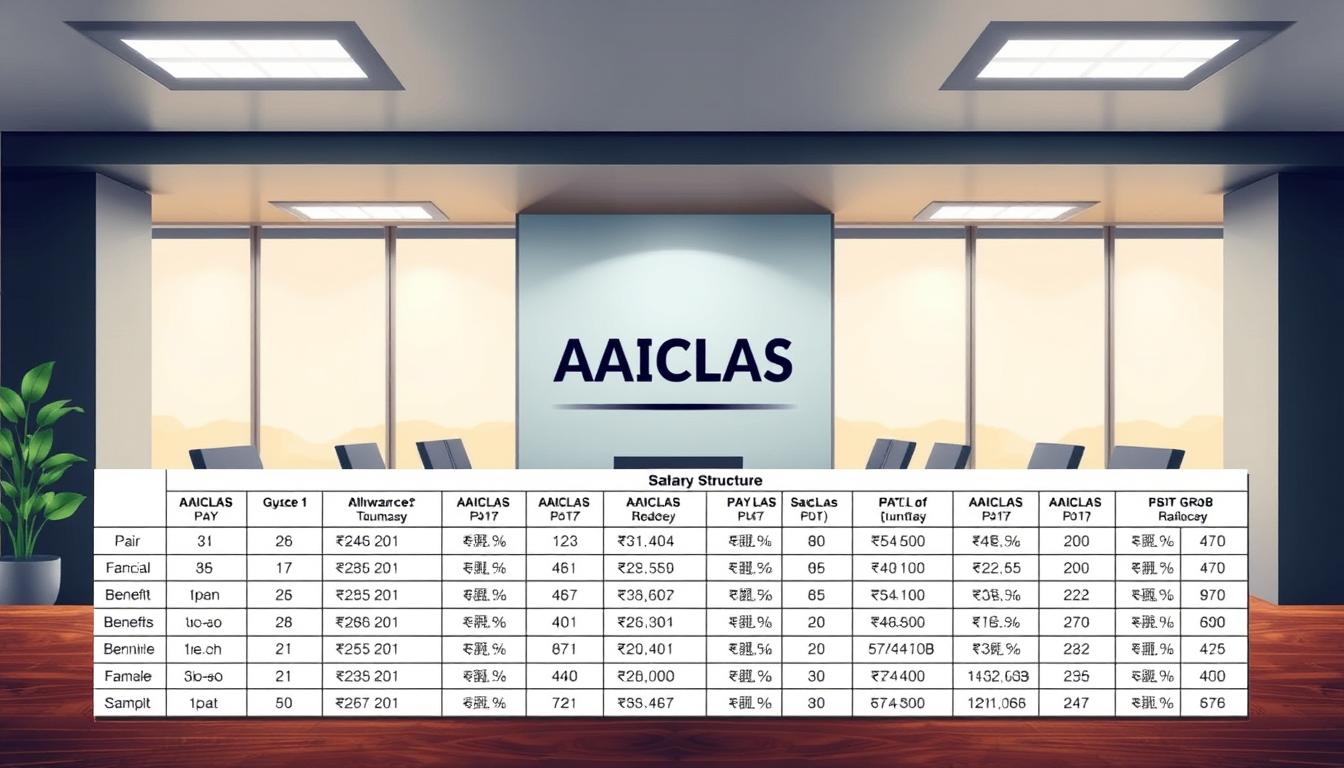 A richly detailed and visually striking illustration of the "AAICLAS वेतन संरचना" against a backdrop of a modern corporate office setting. The foreground features a neatly organized table displaying the salary structure, with various pay grades, allowances, and benefits clearly outlined. The middle ground showcases the AAICLAS logo prominently displayed, conveying a sense of professionalism and authority. The background depicts a sleek, minimalist office environment, with large windows allowing natural light to stream in, creating a warm and inviting atmosphere. The overall composition is balanced, with a clean and sophisticated aesthetic that reflects the subject matter and the article's focus on the "वेतन और भत्ते" section.
