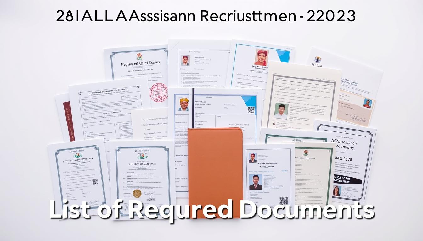 A high-quality document collage showcasing the necessary documents for the AAICLAS Assistant Recruitment 2025, against a clean, minimalist background. Crisp, well-lit photographs of various official documents such as certificates, marksheets, identity cards, and employment records, arranged in an aesthetically pleasing layout. The composition should convey a sense of professionalism and attention to detail, guiding the viewer through the "List of Required Documents" section. Use warm, neutral lighting to create a calm, authoritative tone. Maintain a balance between the individual document elements and the overall cohesive design.