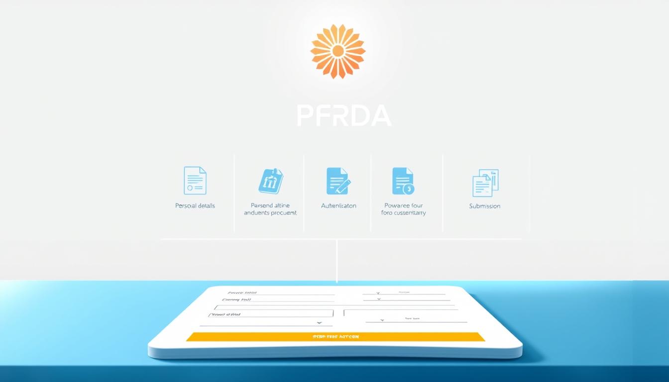 A detailed step-by-step illustration of the PFRDA online registration process. In the foreground, a digital form with input fields for personal details and documents. In the middle ground, icons representing the authentication and submission steps. In the background, a clean and minimalist interface with the PFRDA logo and branding elements. Soft lighting creates a professional and trustworthy atmosphere. The composition and perspective convey a user-friendly and intuitive digital experience for the PFRDA registration.