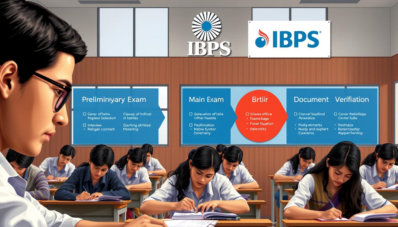 A detailed, realistic illustration of the IBPS Hindi Officer selection process. In the foreground, a group of candidates diligently taking a written examination, their faces focused and determined. In the middle ground, an examination hall with neat rows of desks and chairs, well-lit by natural light from large windows. In the background, the IBPS logo prominently displayed, along with signage indicating the selection stages - Preliminary Exam, Main Exam, Interview, Document Verification. The scene exudes a sense of professionalism, order, and rigor, befitting the prestigious IBPS Hindi Officer recruitment. Rendered in a photorealistic style with meticulous attention to detail, highlighting the comprehensive and structured nature of the selection process.