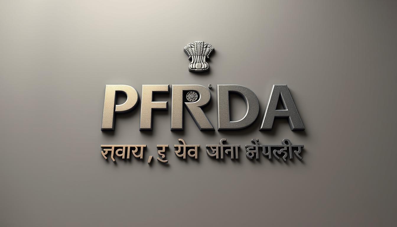A detailed, photorealistic image of the official logo and seal of the Pension Fund Regulatory and Development Authority (PFRDA), the pension regulator of India. The logo features the PFRDA acronym prominently displayed in a bold, modern font, with the Sanskrit name "पेंशन फंड नियामक और विकास प्राधिकरण" underneath. The logo is rendered with a metallic, embossed texture against a plain, muted background, conveying a sense of authority and professionalism. The composition places the logo at the center, with subtle lighting and shadows to accentuate the three-dimensional quality. The overall mood is one of formal, institutional credibility.