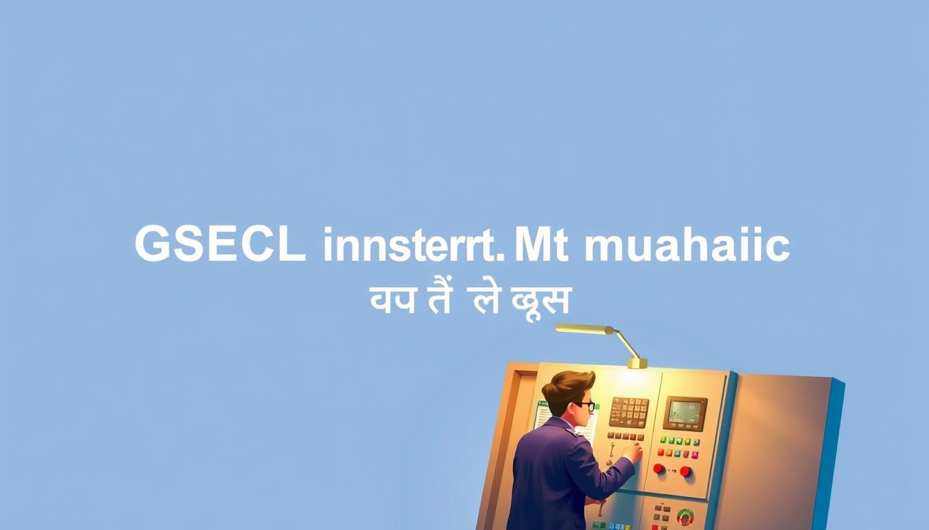 Photorealistic image of a GSECL (Gujarat State Electricity Corporation Limited) instrument mechanic recruitment banner. The banner features a clean, minimalist design with a bold, sans-serif font for the title "GSECL इंस्ट्रूमेंट मैकेनिक भर्ती" in the center. The background has a subtle gradient, transitioning from a light blue at the top to a deeper navy at the bottom, creating a sense of depth and professionalism. In the foreground, a detailed illustration of an instrument mechanic working on a control panel, dressed in a crisp, navy blue uniform, conveys the technical nature of the role. Soft, warm lighting illuminates the scene, giving it a welcoming and authoritative tone. The overall composition is balanced, with ample negative space to make the key information stand out.