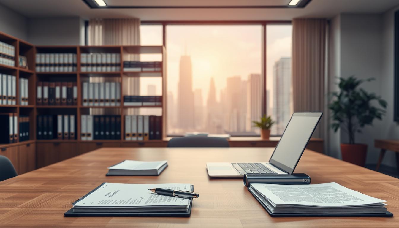 A well-organized office interior with a modern, minimalist aesthetic. In the foreground, a wooden desk with a laptop, pen, and a neatly arranged stack of documents. The middle ground features an open bookshelf displaying various government policy manuals and legal codes. The background showcases a large window overlooking a bustling city skyline, bathed in warm, diffused lighting. The atmosphere conveys a sense of efficiency, professionalism, and attention to detail, reflecting the GSECL's meticulous transfer and deployment policies.