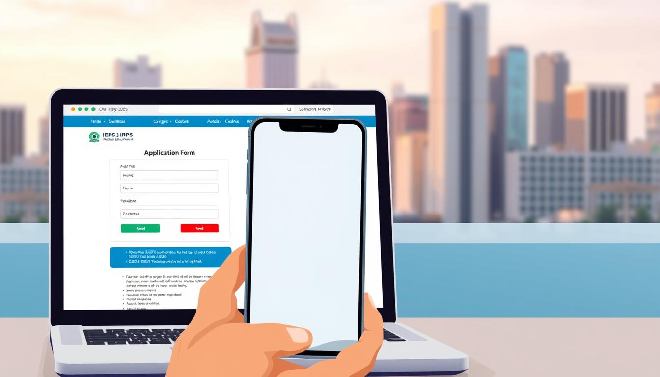 A crisp, high-resolution digital illustration depicting the online application process for the IBPS Hindi Officer recruitment in 2025. In the foreground, a laptop screen displays the official IBPS website, showcasing the application form with clean, modern UI elements. In the middle ground, a hand holds a smartphone, with the IBPS logo prominently featured. The background features a blurred cityscape, conveying a sense of professional urban environment. The overall mood is one of efficiency, accessibility, and technological advancement, reflecting the digital nature of the recruitment process. The image should be rendered with a balanced, natural lighting scheme and a slightly muted color palette to maintain a professional aesthetic.