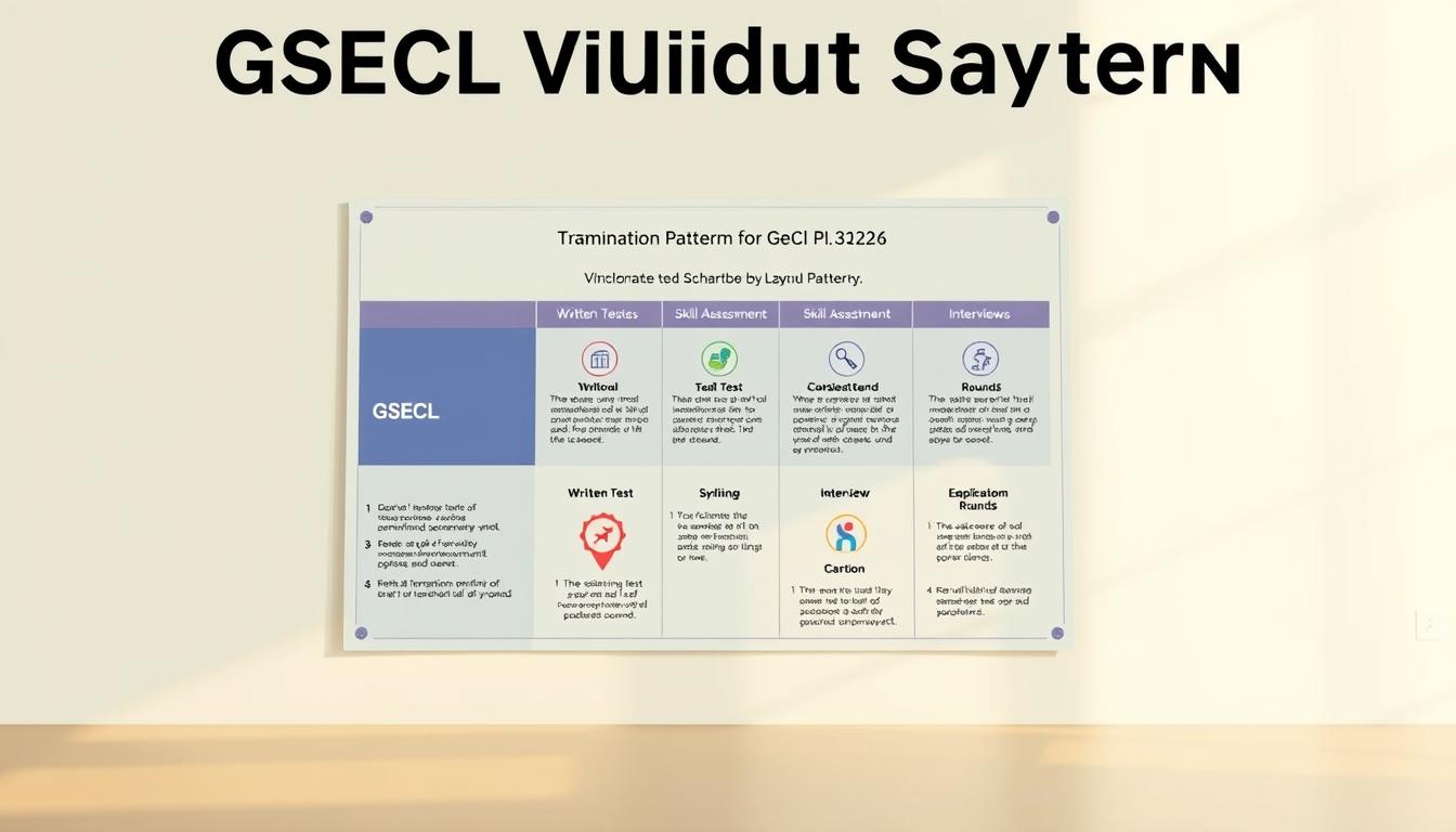 A high-resolution image depicting the examination pattern for the GSECL (Gujarat State Electricity Corporation Limited) recruitment. The scene shows a detailed infographic with clear sections outlining the various stages of the exam, including written tests, skill assessments, and interview rounds. The infographic is presented against a clean, minimalist background, with a soft, warm lighting that creates a professional, informative atmosphere. The layout is well-organized, with easy-to-read typography and color-coded elements to highlight the key information. The overall composition conveys a sense of structure, clarity, and attention to detail, reflecting the importance of understanding the examination process for GSECL Vidyut Sahayak recruitment.