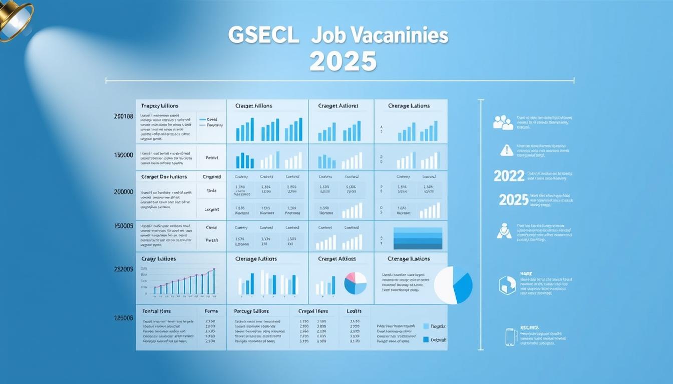 A detailed infographic depicting the GSECL job vacancies for 2025. A clean, minimalist background in shades of blue and white, with a central grid layout showcasing the vacancy distribution across different departments and locations. Crisp, data-driven visualizations such as bar charts, pie charts, and icons to convey the information. The composition should have a balanced, professional aesthetic that complements the subject matter. Subtle lighting from the top left casts gentle shadows, emphasizing the clarity of the graphical elements. An overall tone of reliability, transparency, and attention to detail.