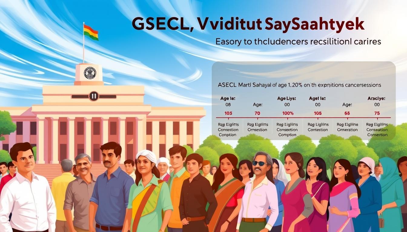 A beautifully designed illustration showcasing the age limits and concessions for the GSECL Vidyut Sahayak recruitment. In the foreground, a stately, modern government building with clean lines and a prominent logo, set against a backdrop of a vibrant blue sky with wispy clouds. In the middle ground, a group of diverse applicants - young and old, men and women - standing in an orderly queue, their faces alight with hope and determination. The lighting is warm and inviting, casting a gentle glow over the scene. In the background, a stylized timeline or infographic detailing the age eligibility and various exemptions, presented in a clear, easy-to-understand manner. The overall mood is one of professionalism, inclusivity, and opportunity.