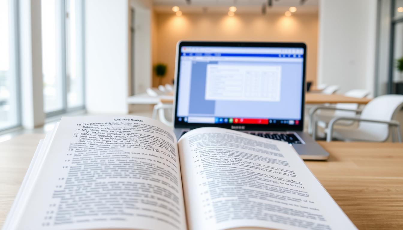 A detailed curriculum for the IBPS Hindi Officer Examination, presented against a clean, professional backdrop. In the foreground, an open book showcases the examination syllabus, with crisp typography and precise subject matter. The middle ground features a laptop screen displaying the online test interface, with a neutral color scheme and minimalist design. The background depicts a modern office environment, with sleek furniture and warm lighting, conveying a sense of productivity and focus. The overall composition strikes a balance between informative content and visually appealing aesthetics, suitable for illustrating the "Online Examination Curriculum" section of the IBPS Hindi Officer Recruitment 2025 article.
