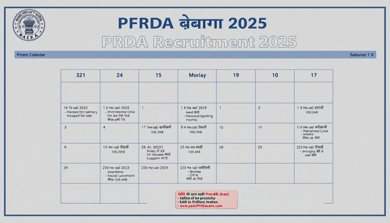 An official-looking, high-quality calendar in a professional design, showcasing the examination schedule and important dates for the PFRDA Grade A Recruitment 2025. The calendar is rendered in a clean, minimalist style with a muted color palette of blues and grays, giving it an authoritative and institutional appearance. The layout features a prominent title, clear date blocks, and neatly organized sections highlighting key milestones and deadlines. The overall impression is one of clarity, organization, and attention to detail, perfectly suited to illustrate the "महत्वपूर्ण तिथियां और समय-सारिणी" section of the article.