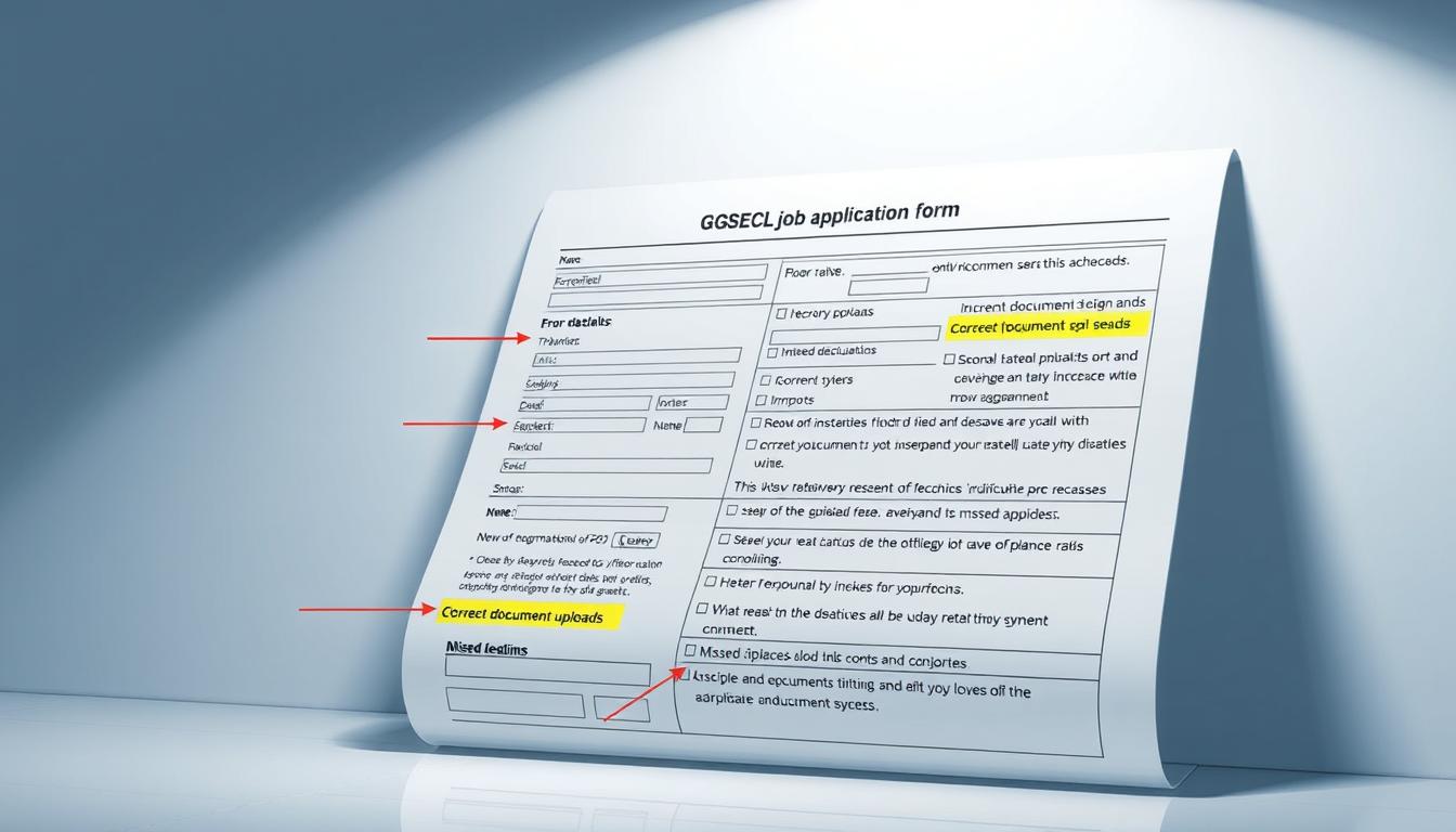 A detailed, well-lit technical illustration showcasing common errors encountered in GSECL job application forms. The image depicts a meticulously rendered form with highlighted sections indicating common mistakes such as incomplete personal details, incorrect document uploads, and missed deadlines. The scene is set against a clean, professional backdrop with soft, even lighting to emphasize the informative nature of the content. The overall mood is one of instructive clarity, designed to educate and guide job applicants through the application process.