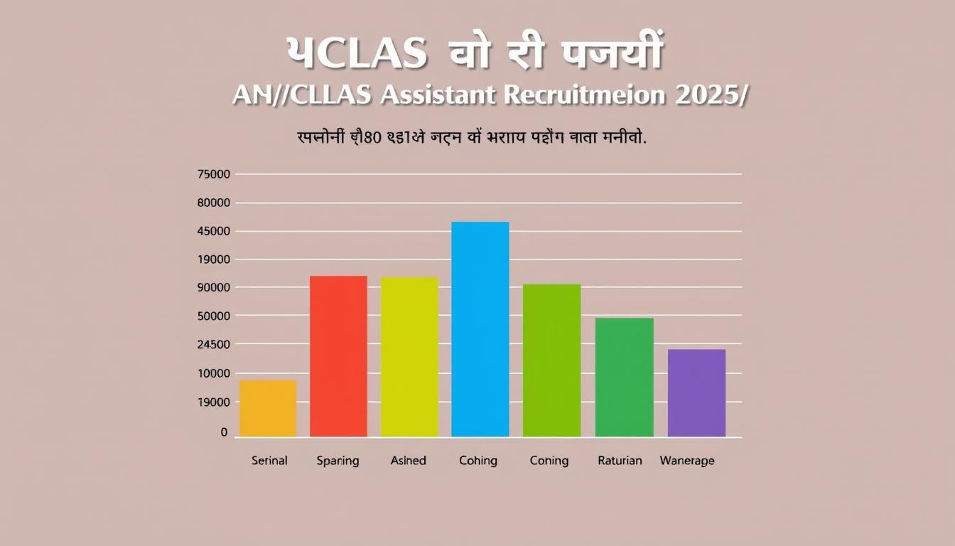 A detailed bar chart presentation illustrating the "रिक्तियों का स्थानवार विवरण" (Location-wise Vacancy Distribution) for the AAICLAS Assistant Recruitment 2025. The chart is set against a muted, earthy backdrop, with clean typography and a professional, informative style. The bars are rendered in a vibrant, contrasting color palette to highlight the key data points. The layout is balanced and visually appealing, drawing the viewer's attention to the essential information. Soft, diffused lighting creates depth and dimensionality, while a slightly elevated camera angle provides an authoritative, bird's-eye perspective. The overall mood is one of clarity, precision, and practical utility.