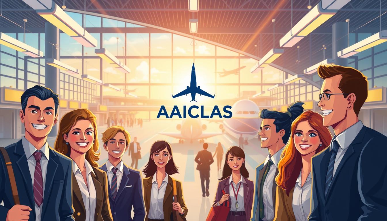A vibrant and dynamic illustration depicting the exciting employment opportunities of the AAICLAS recruitment in 2025. Set against a backdrop of a bustling airport terminal, showcasing the hustle and bustle of the aviation industry. In the foreground, a group of eager candidates in professional attire, their expressions conveying a sense of determination and optimism. In the middle ground, the AAICLAS logo stands prominently, radiating a sense of authority and prestige. The scene is illuminated by warm, natural lighting, creating a welcoming and inviting atmosphere. The overall composition captures the spirit of this significant career event, inspiring viewers to explore the available positions and take advantage of the promising future within the AAICLAS organization.