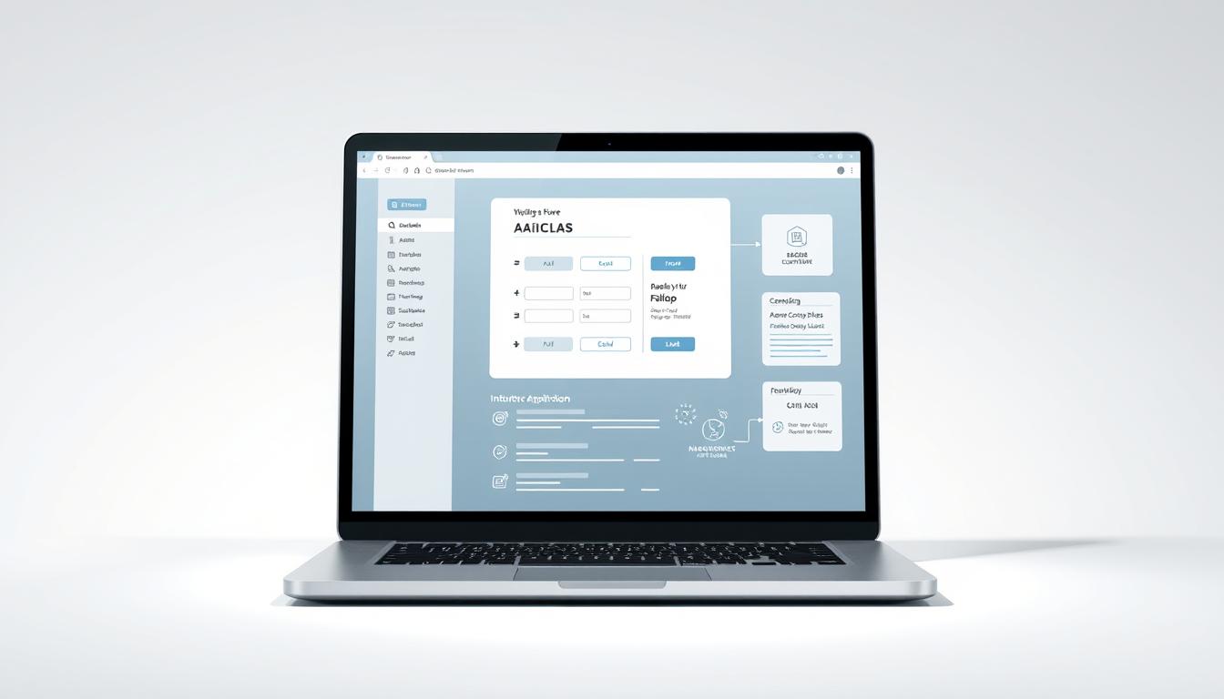 A detailed, technical illustration of the "AAICLAS ऑनलाइन आवेदन प्रक्रिया" process. Set against a clean, minimalist background, the foreground features a sleek, modern laptop screen displaying an intuitive online application interface. The middle ground showcases various user interface elements like form fields, buttons, and icons, all designed with a focus on simplicity and usability. The background contains subtle abstract patterns or textures, creating a sense of depth and a professional, corporate aesthetic. Soft, directional lighting illuminates the scene, casting gentle shadows and highlights to enhance the three-dimensional quality. The overall mood is one of efficiency, accessibility, and technological proficiency, reflecting the digital nature of the application process.