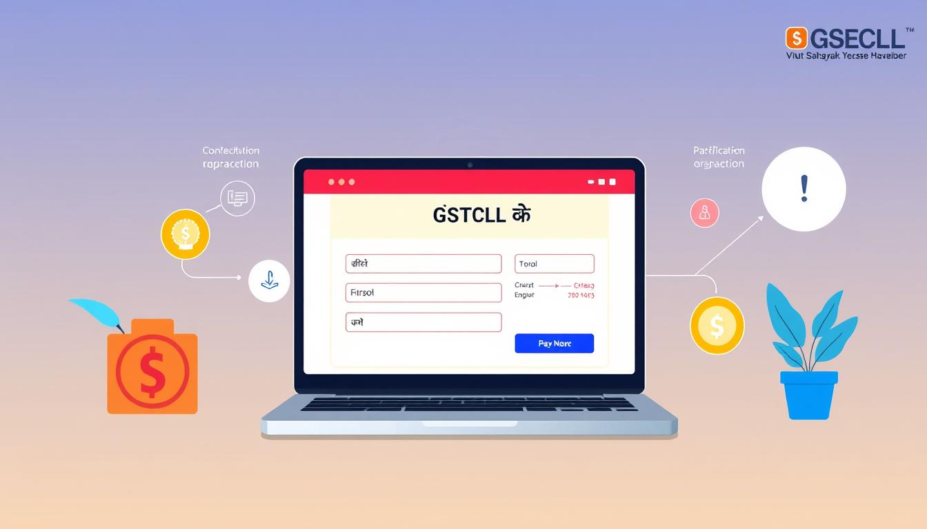A vibrant digital illustration showcasing the payment process for the GSECL application fee. The foreground features a sleek, modern user interface with an online payment form, prominently displaying the "GSECL आवेदन शुल्क भुगतान" text. The middle ground depicts stylized digital currency icons and transaction graphics, conveying the secure and efficient nature of the payment transaction. The background sets the scene with a subtle gradient, creating a professional and authoritative atmosphere befitting the GSECL Vidyut Sahayak recruitment context. The overall composition should strike a balance between informative clarity and visually appealing design, reflecting the importance and convenience of the application fee payment process.