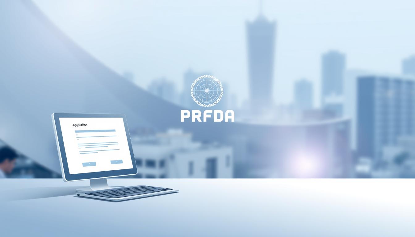 A digital illustration of the online application process for PFRDA Grade A recruitment 2025. A clean, minimalist interface with an elegant color palette of grays, blues, and whites. The foreground features a sleek desktop computer displaying the application form, the keyboard, and a mouse. The middle ground showcases a stylized PFRDA logo, conveying the organization's identity. The background depicts a blurred cityscape, hinting at the professional context. Soft directional lighting casts a subtle glow, creating a sense of depth and focus. The overall mood is one of efficiency, professionalism, and technology-driven recruitment.