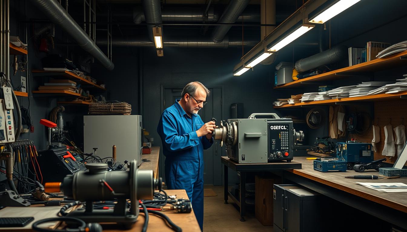 A dimly lit industrial workshop, with various tools, machinery, and equipment arranged neatly on workbenches. In the center, an GSECL instrument mechanic in a blue jumpsuit meticulously examines and calibrates a complex instrument, their face illuminated by the warm glow of task lighting. The walls are lined with shelves stocked with spare parts and manuals, while the background is hazy with the subtle hum of ventilation systems. The scene conveys a sense of focused professionalism and attention to detail, reflecting the skilled nature of the instrument mechanic's role.
