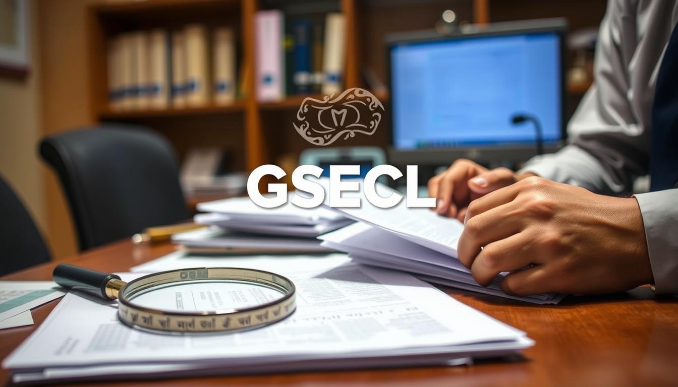 A detailed, well-organized document verification process of the GSECL (Gujarat State Electricity Corporation Limited) is depicted. The foreground showcases a person meticulously examining various official documents, with a stack of papers and a magnifying glass on the desk. The middle ground features the GSECL logo prominently displayed, symbolizing the official nature of the verification. The background subtly suggests an office environment, with a bookshelf and a computer monitor visible, creating a professional and authoritative atmosphere. The lighting is soft and warm, highlighting the diligence and care taken in the verification procedure. The overall scene conveys a sense of order, attention to detail, and the importance of the GSECL Vidyut Sahayak recruitment process.