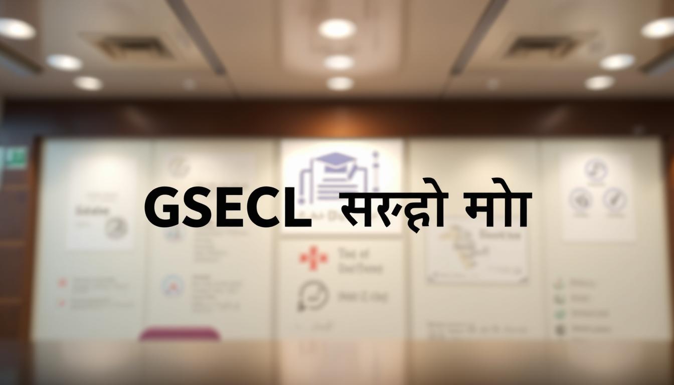 Detailed, clean, and neatly organized image of "GSECL शैक्षणिक योग्यता मानदंड" against a subtle yet visually appealing backdrop. In the foreground, prominently display the text "GSECL शैक्षणिक योग्यता मानदंड" in a bold, legible font. In the middle ground, include graphical elements that convey the educational and professional requirements, such as diplomas, certificates, or icons. The background should feature a soft, blurred pattern or texture that complements the overall aesthetic. Utilize warm, professional lighting to create a sense of credibility and authority. Capture the image from a slightly elevated angle to provide a comprehensive, accessible view of the content.