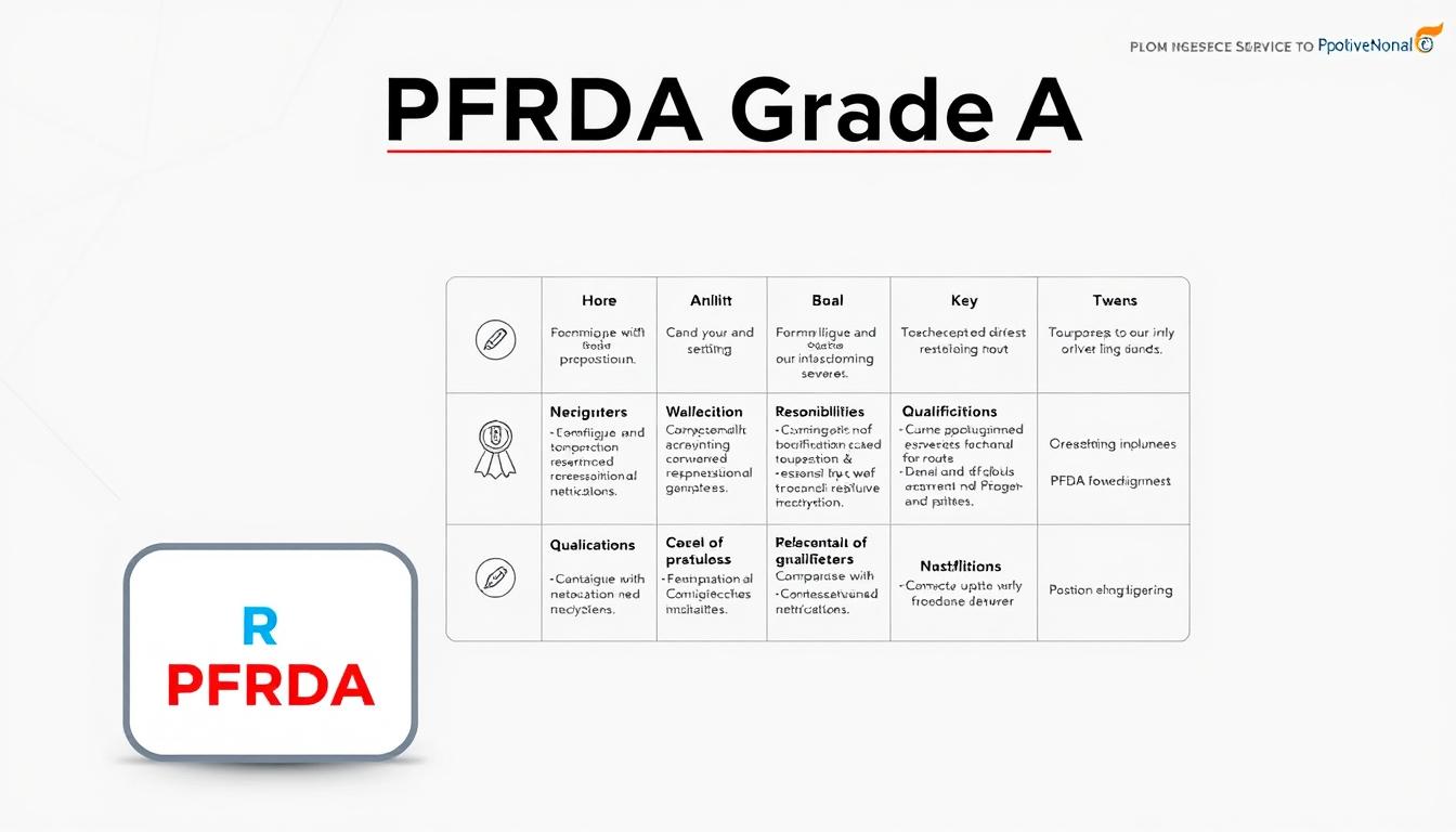A detailed infographic showcasing the job profile for PFRDA Grade A position. In the foreground, a sleek, professional-looking icon representing the PFRDA organization, rendered in a modern, minimalist style. In the middle ground, a grid-like layout displaying key responsibilities and qualifications, with clear, concise text and icons. The background features a subtle geometric pattern in muted, corporate colors, conveying a sense of structure and authority. The overall tone is authoritative, informative, and visually striking, perfectly suited to illustrate the "Job Description and Responsibilities" section of the article.