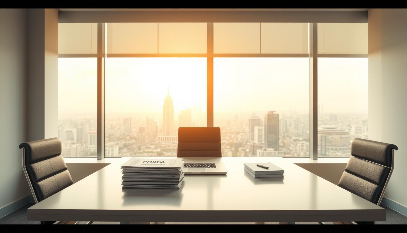 A crisp, well-lit office scene with a sleek, modern desk and chair arrangement. On the desk, a laptop and a stack of papers marked "PFRDA परिवीक्षा अवधि और पोस्टिंग स्थान". Behind the desk, a large window overlooking a bustling city skyline, bathed in warm, golden afternoon light. The room has a professional, yet welcoming atmosphere, conveying a sense of the important work being carried out within. The overall impression is one of efficiency, organization, and the serious nature of the PFRDA recruitment process.