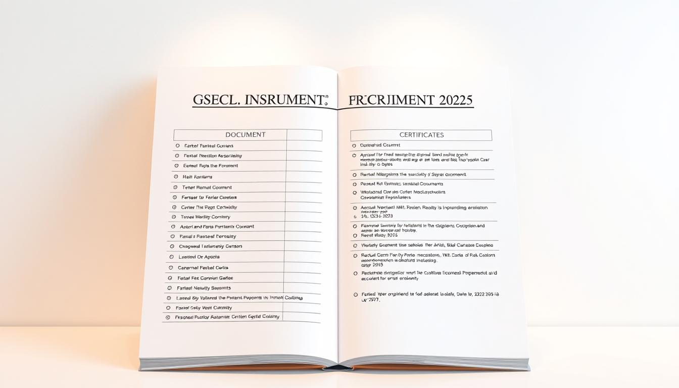 A formal, professional document displaying the list of required documents and certificates for the GSECL Instrument Mechanic Recruitment 2025, against a clean, minimalist backdrop. Crisp, high-resolution rendering showcasing the document titles and details in a clear, organized layout. Warm, neutral lighting illuminates the page, with a subtle, elegant color scheme. The document appears centered, with ample white space surrounding it to draw the viewer's attention. An air of authority and reliability pervades the scene, reflecting the importance of the recruitment process.