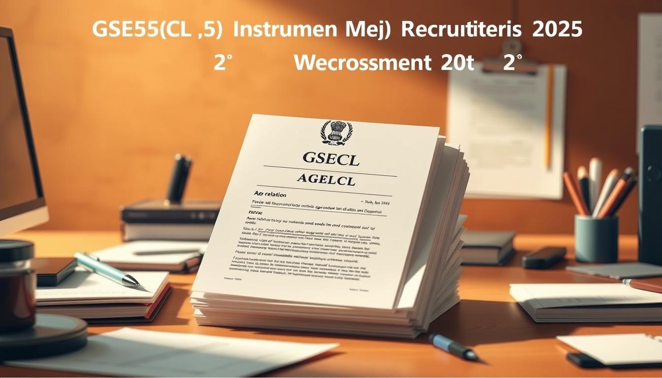 A detailed, well-lit image depicting the age limit and age relaxation for the GSECL Instrument Mechanic Recruitment 2025. Set against a warm, earthy background, the central focus is a stack of official documents with the GSECL logo and relevant age-related information. The documents are surrounded by a meticulously rendered desk, with a computer, stationery, and other office accessories creating a professional, bureaucratic atmosphere. The lighting is soft and diffused, casting subtle shadows and highlights to convey a sense of seriousness and attention to detail. The overall composition is balanced and visually appealing, guiding the viewer's eye towards the key information about the age criteria for the recruitment process.
