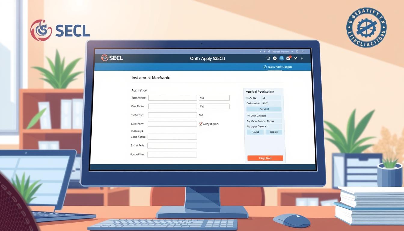 A detailed illustration of the online application process for GSECL, showcasing a user-friendly interface with clearly labeled sections and intuitive navigation. The scene depicts a desktop computer screen in a warm, professional office setting, bathed in soft, natural lighting. The application form is prominently displayed, with fields for personal information, qualifications, and other relevant details. In the background, a subtle pattern or texture evokes the official branding of the GSECL organization. The overall mood is one of efficiency, transparency, and ease of use, reflecting the commitment to a streamlined online application experience for prospective GSECL Instrument Mechanic candidates.