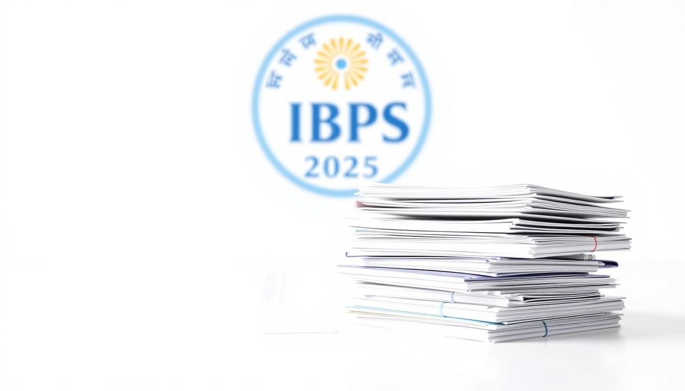 A high-resolution, photorealistic image of the eligibility and qualification criteria for the IBPS Hindi Officer Recruitment 2025. The image features a clean, minimalist layout with a plain white background. In the foreground, a stack of official-looking documents and certificates are neatly arranged, representing the educational qualifications and eligibility requirements. Behind them, a blurred backdrop depicts the IBPS logo and other relevant branding elements, establishing the official context. The lighting is soft and diffused, creating a professional, authoritative atmosphere. The overall composition conveys a sense of clarity, attention to detail, and adherence to formal recruitment guidelines.