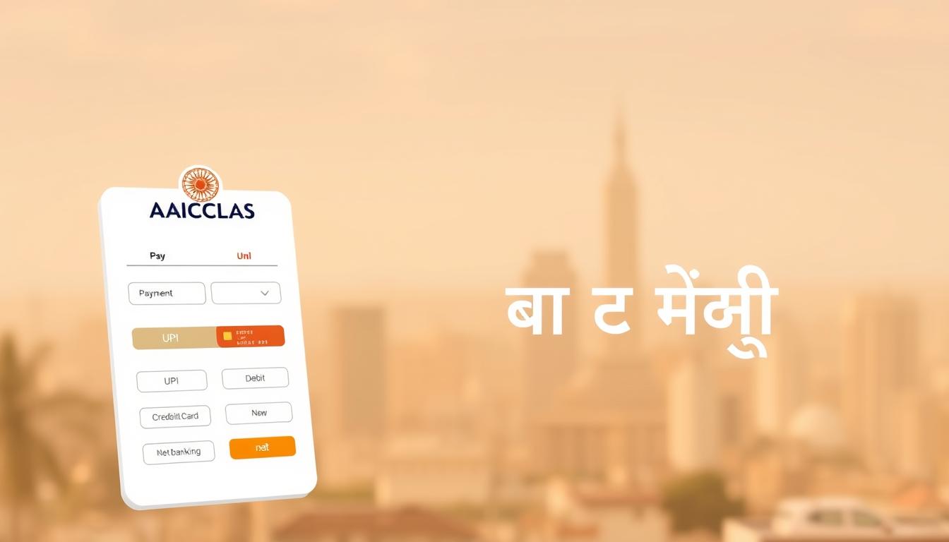 A detailed illustration depicting the AAICLAS application fee payment process. In the foreground, a stylized rendering of the AAICLAS logo hovers above a sleek, modern payment interface, with various payment options like UPI, credit/debit cards, and net banking presented in a clean, minimalist design. The middle ground features the text "आवेदन शुल्क भुगतान" in an elegant Devanagari script, complemented by a subtle pattern or graphic elements that tie the composition together. The background showcases a softly blurred cityscape, hinting at the professional context of the AAICLAS recruitment drive. Warm, neutral tones and balanced lighting create a welcoming, trustworthy atmosphere.
