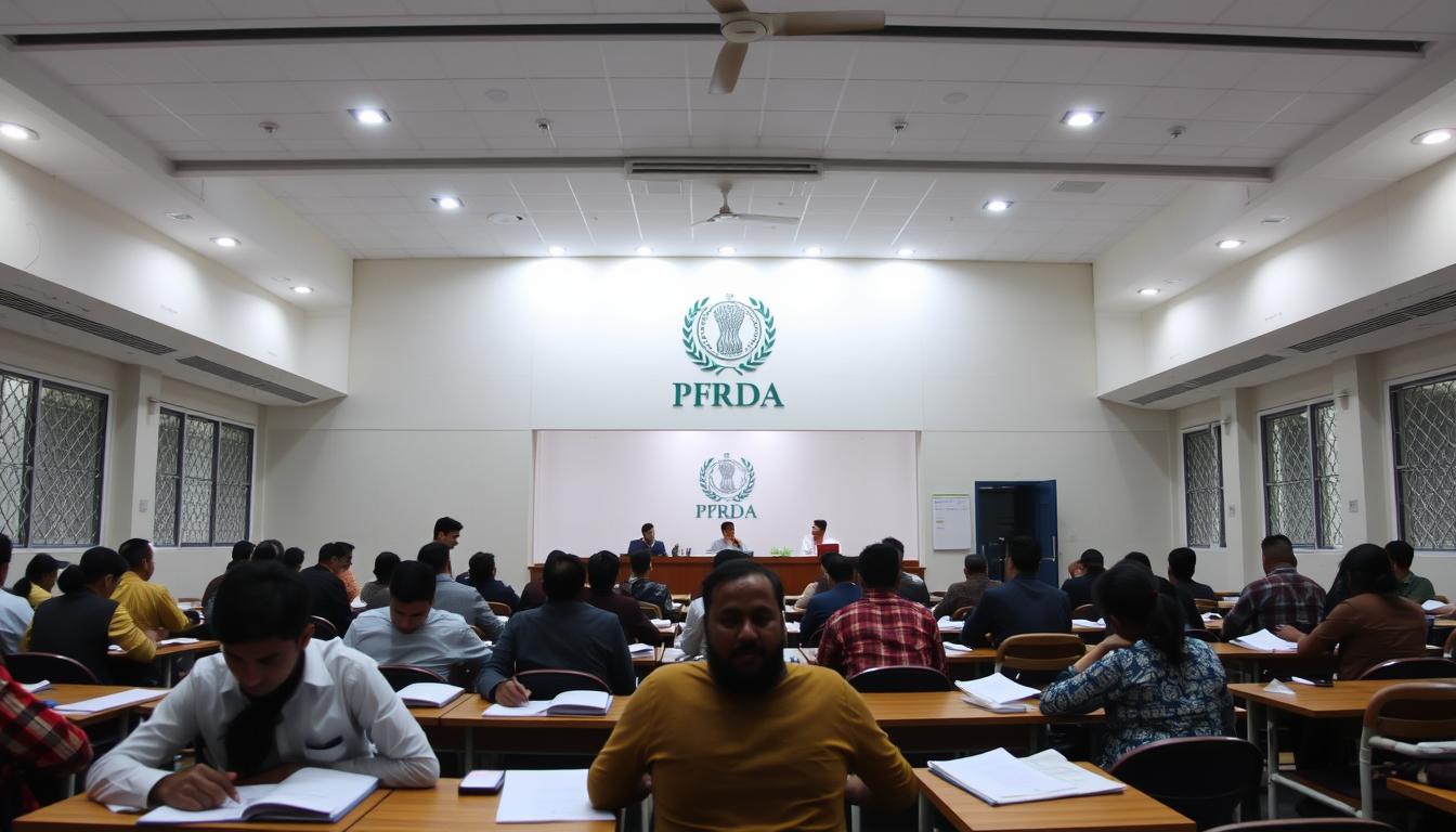 A detailed, wide-angle view of the PFRDA selection process. In the foreground, a group of candidates sits at desks, intently focused on their written exam papers under bright, evenly-distributed lighting. The middle ground features a panel of assessors diligently evaluating the submissions, while the background showcases the official PFRDA logo and insignia, conveying a sense of institutional authority. The overall mood is one of professionalism, rigor, and transparency, capturing the essence of the comprehensive PFRDA selection procedure.