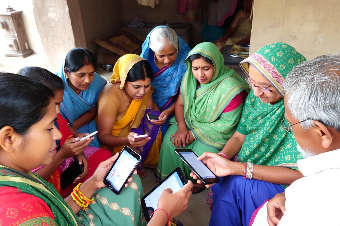 Rural Indian community members accessing and editing vernacular Wikipedia using JioSphere Browser on mobile devices