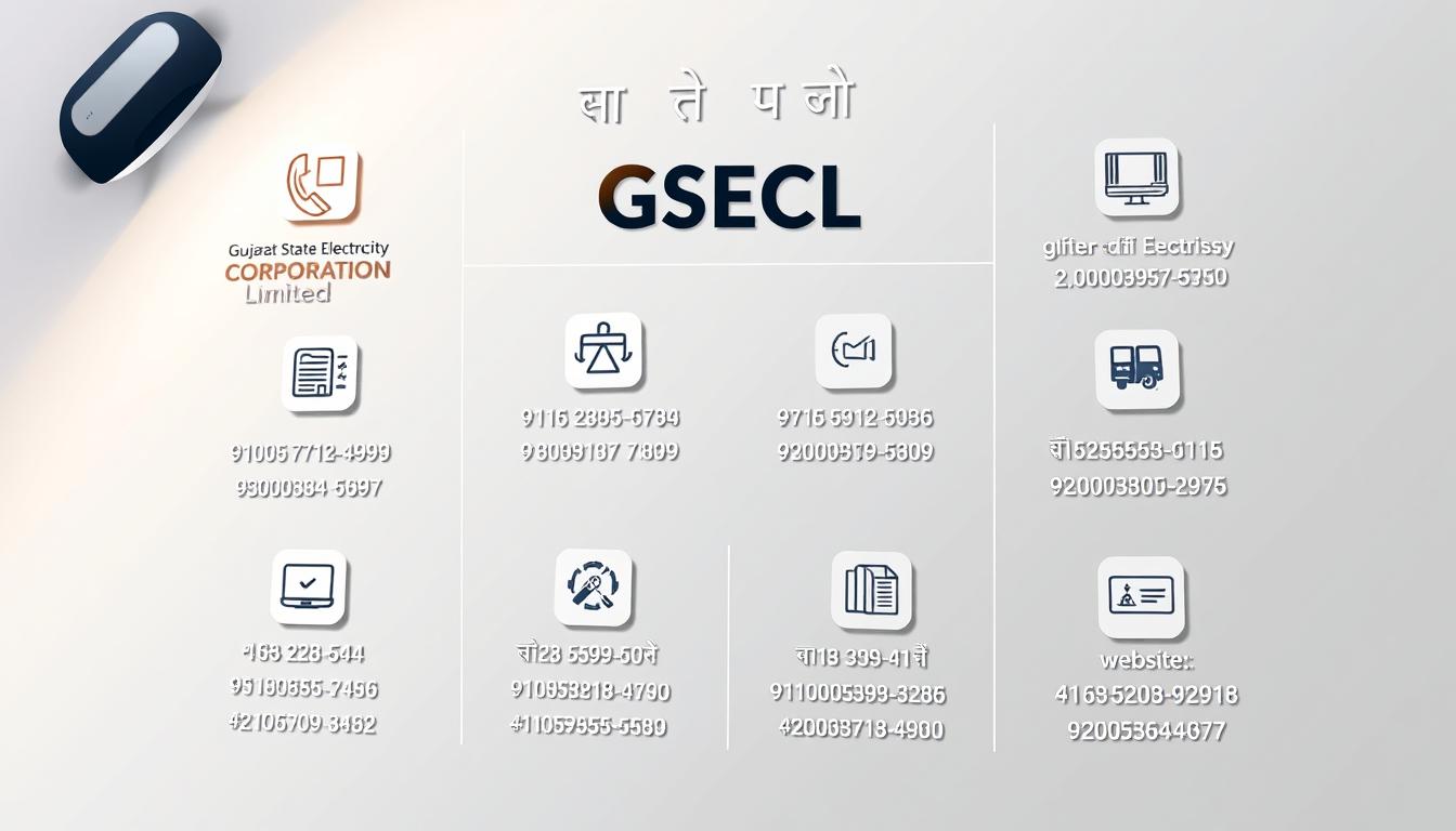 A vibrant and informative graphic illustration showcasing the contact details of GSECL (Gujarat State Electricity Corporation Limited). The design features a clean, minimalist layout with a neutral color palette, allowing the key information to take center stage. Crisp icons and typography convey the essential details such as phone numbers, email addresses, and website in an organized, easy-to-digest manner. The overall aesthetic strikes a balance between professionalism and approachability, creating a visually striking representation of the "महत्वपूर्ण संपर्क विवरण" section. Subtle lighting and a slightly tilted camera angle add depth and visual interest, while maintaining a clear, legible presentation of the GSECL contact information.