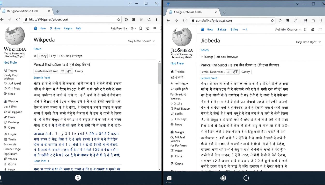 Side-by-side comparison of editing Wikipedia in vernacular languages using JioSphere Browser versus standard browsers